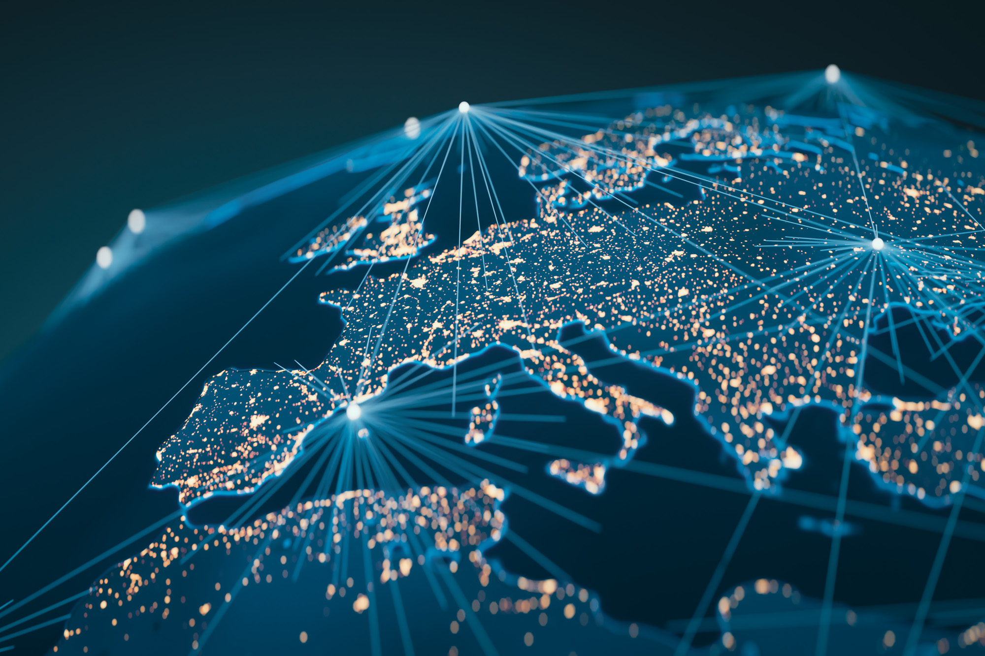 The concept of artificial satellites viewed from space forming a network on the earth and providing Internet services, 3d rendering